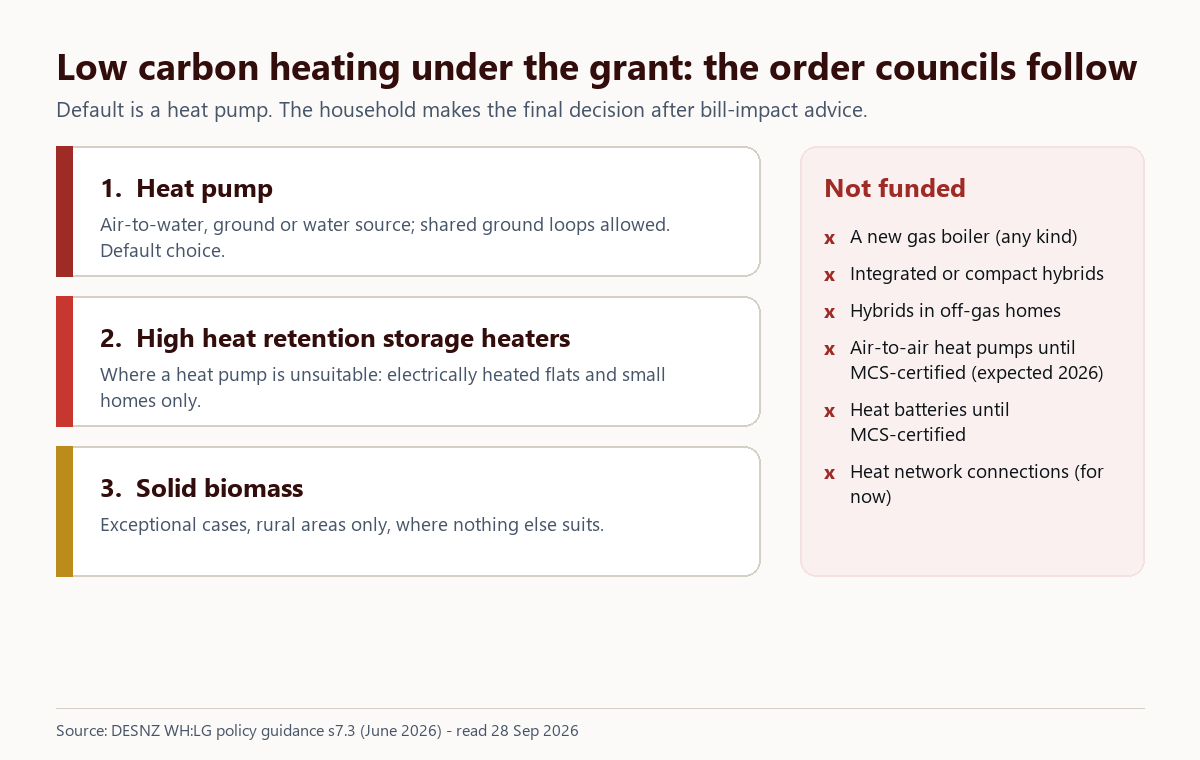 Order of low carbon heating under the Warm Homes: Local Grant: heat pump first, high heat retention storage heaters second, solid biomass third, with a list of heating that is not funded