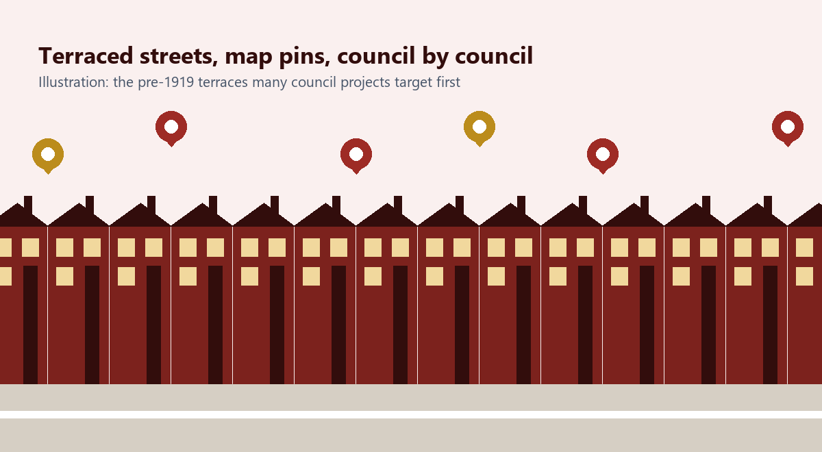 Illustration of a terraced street with map pins marking council areas, the kind of pre-1919 terraces many Warm Homes: Local Grant projects target